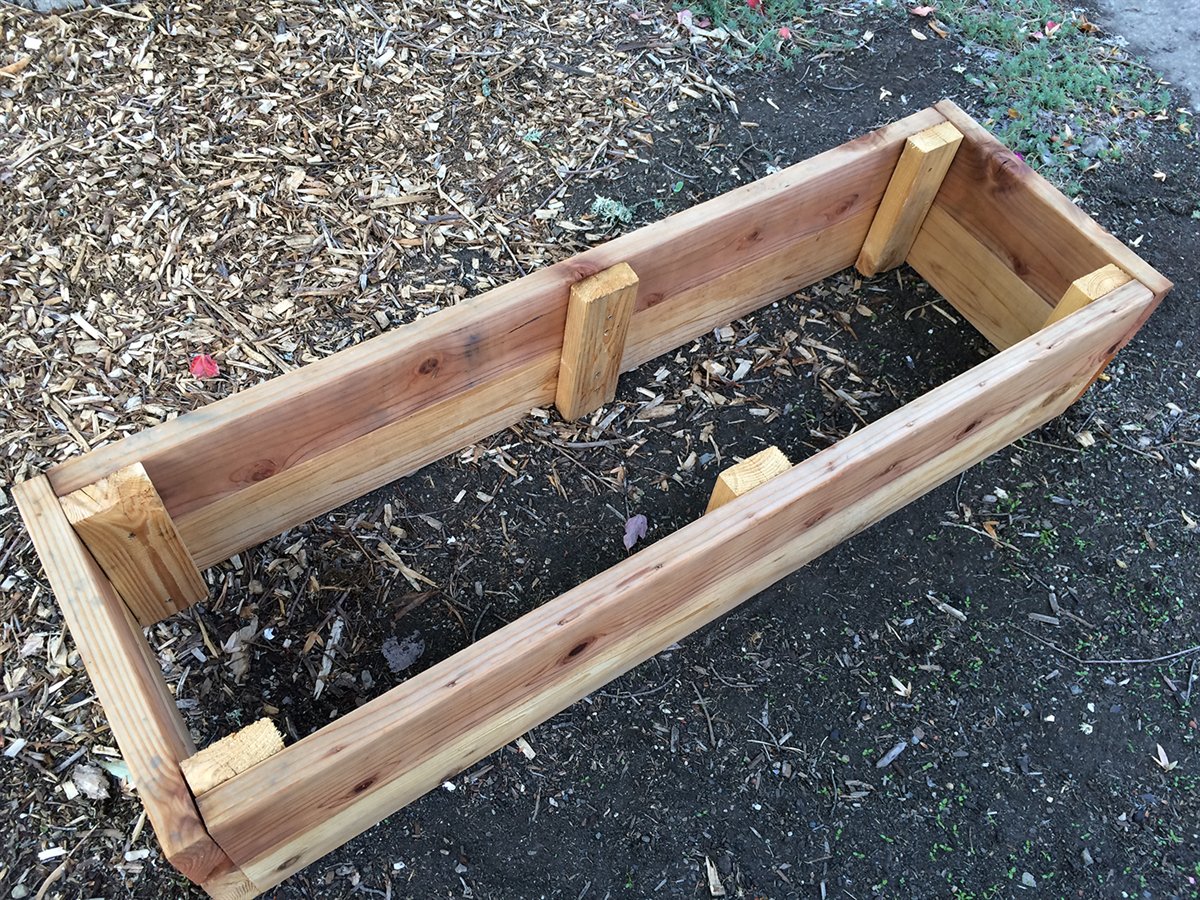 Raised bed vegetable rows adjusted from a square foot gardening spacing chart for larger crops